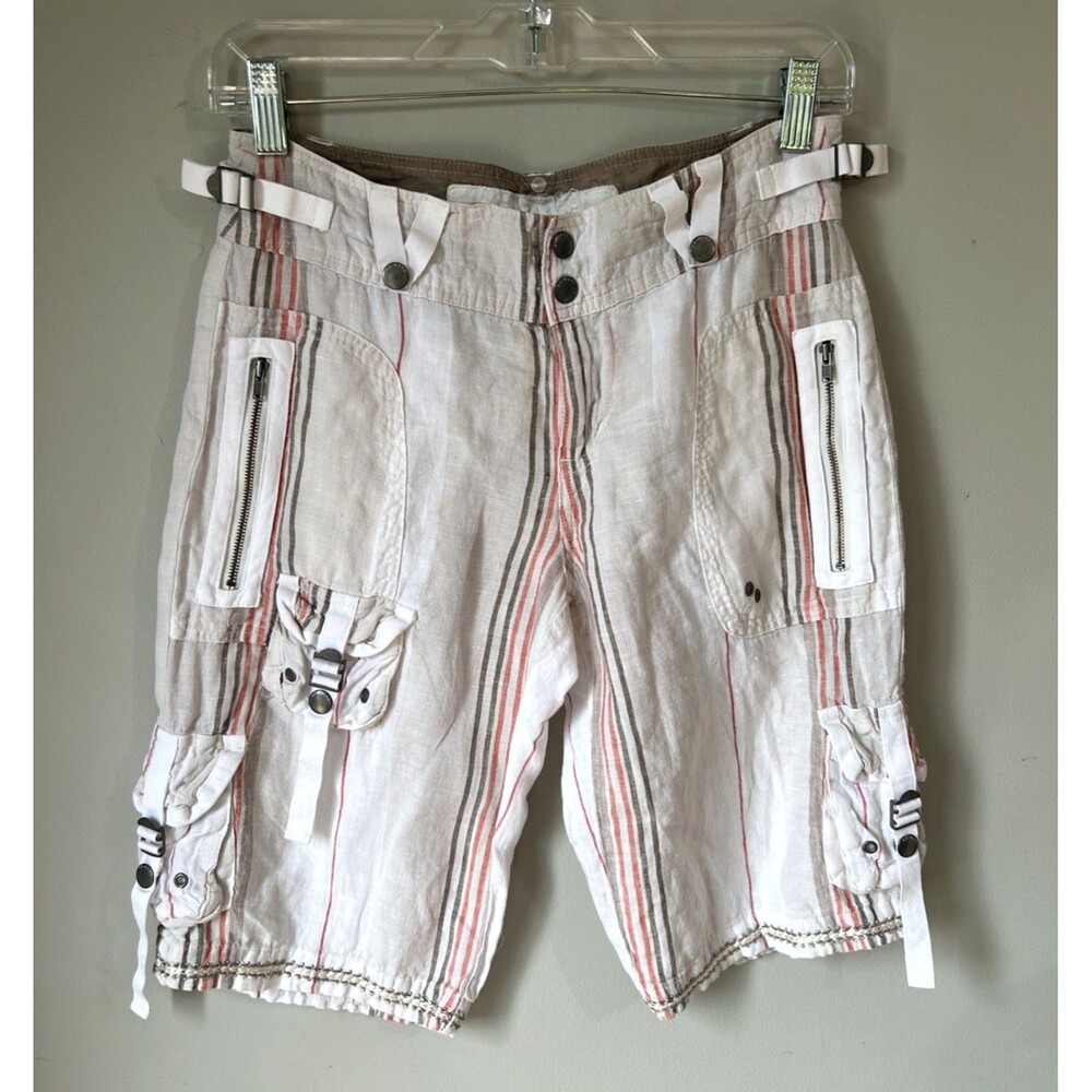 VTG Da-Nang 100% Linen Utility Shorts Vertical Striped Cargo Gorpcore XS Y2K